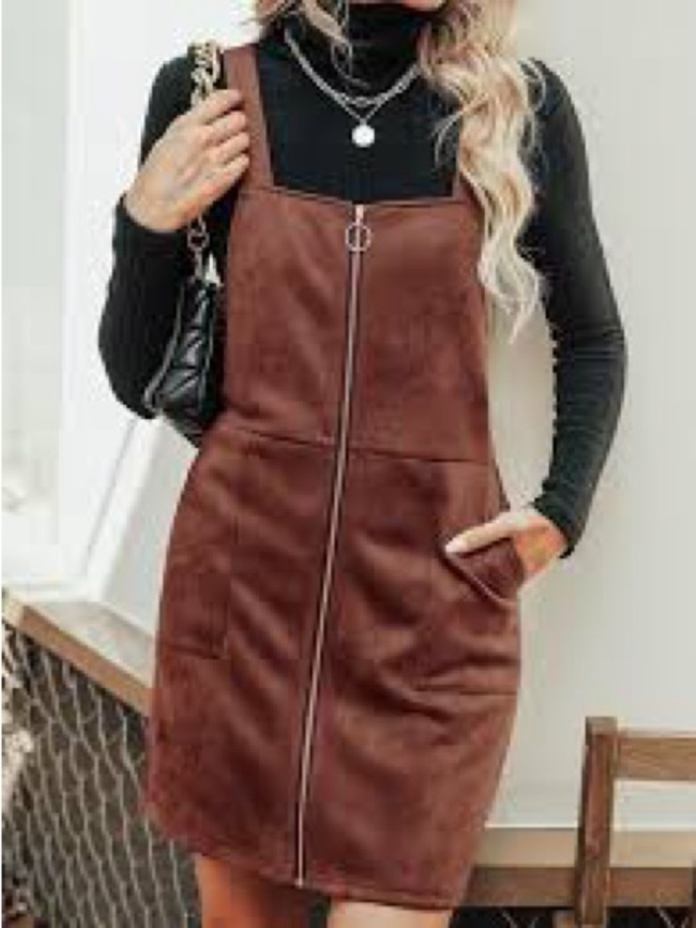 Suede Zip-Front Mini Pinafore Dress in Rust - Picture 4 of 8